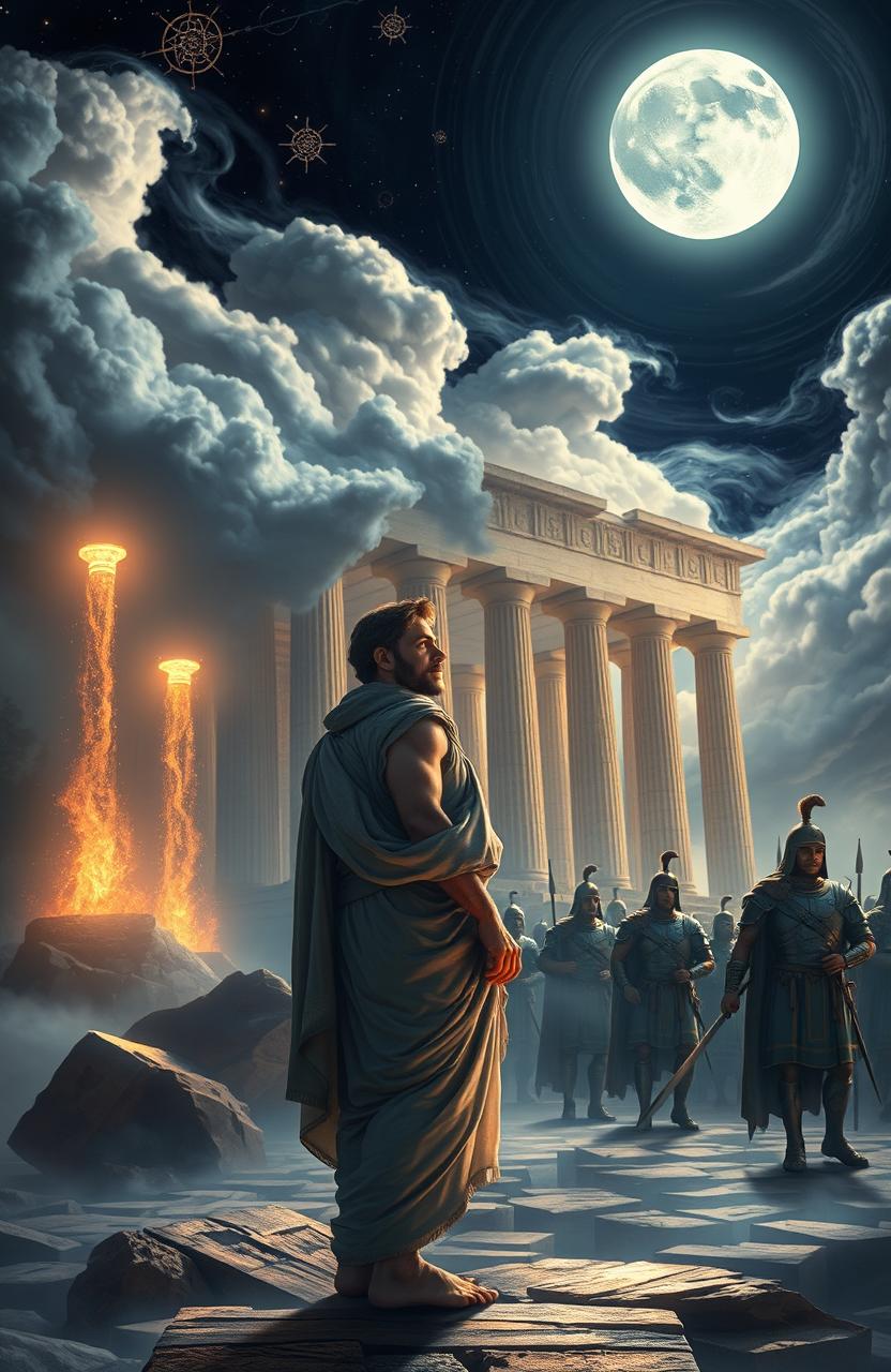 A captivating artistic interpretation of a Greek man standing before an ancient temple, bathed in the ethereal glow of moonlight