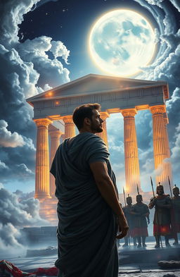 A captivating artistic interpretation of a Greek man standing before an ancient temple, bathed in the ethereal glow of moonlight