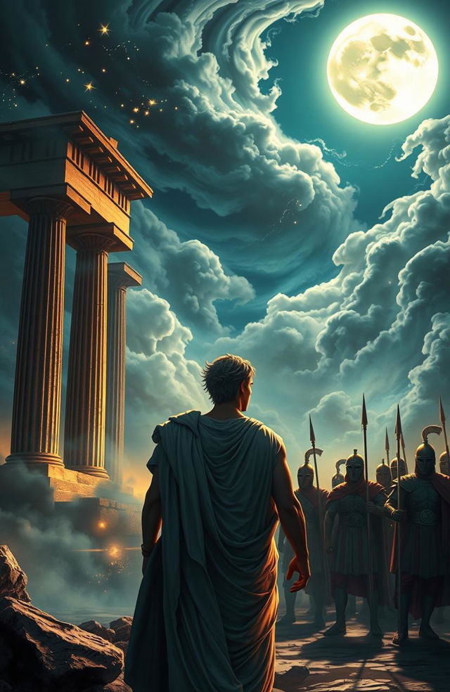 A captivating artistic interpretation of a Greek man standing before an ancient temple, bathed in the ethereal glow of moonlight