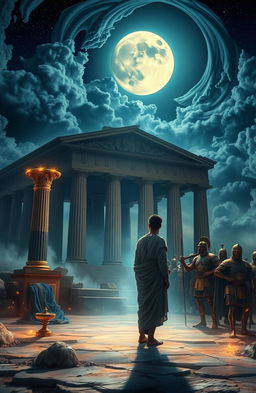 A captivating artistic interpretation of a Greek man standing before an ancient temple, bathed in the ethereal glow of moonlight