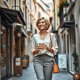 A charming street in Trieste with a 35-year-old woman with short blonde hair, dressed in stylish pants and a light blouse, strolling happily down a cozy alley lined with local shops