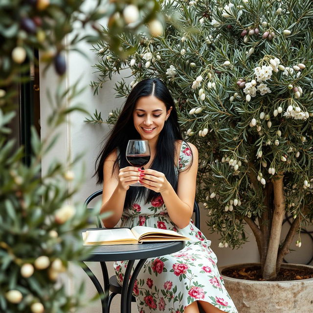 In a charming café terrace in Lecce, a 32-year-old woman with long dark hair, dressed in a summer dress adorned with a floral print, is seated at a small table