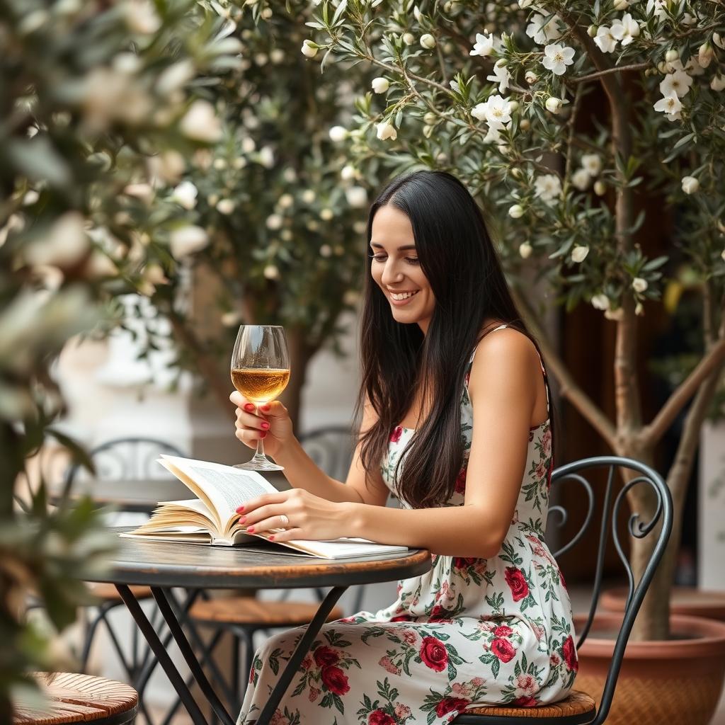 In a charming café terrace in Lecce, a 32-year-old woman with long dark hair, dressed in a summer dress adorned with a floral print, is seated at a small table