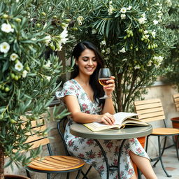 In a charming café terrace in Lecce, a 32-year-old woman with long dark hair, dressed in a summer dress adorned with a floral print, is seated at a small table