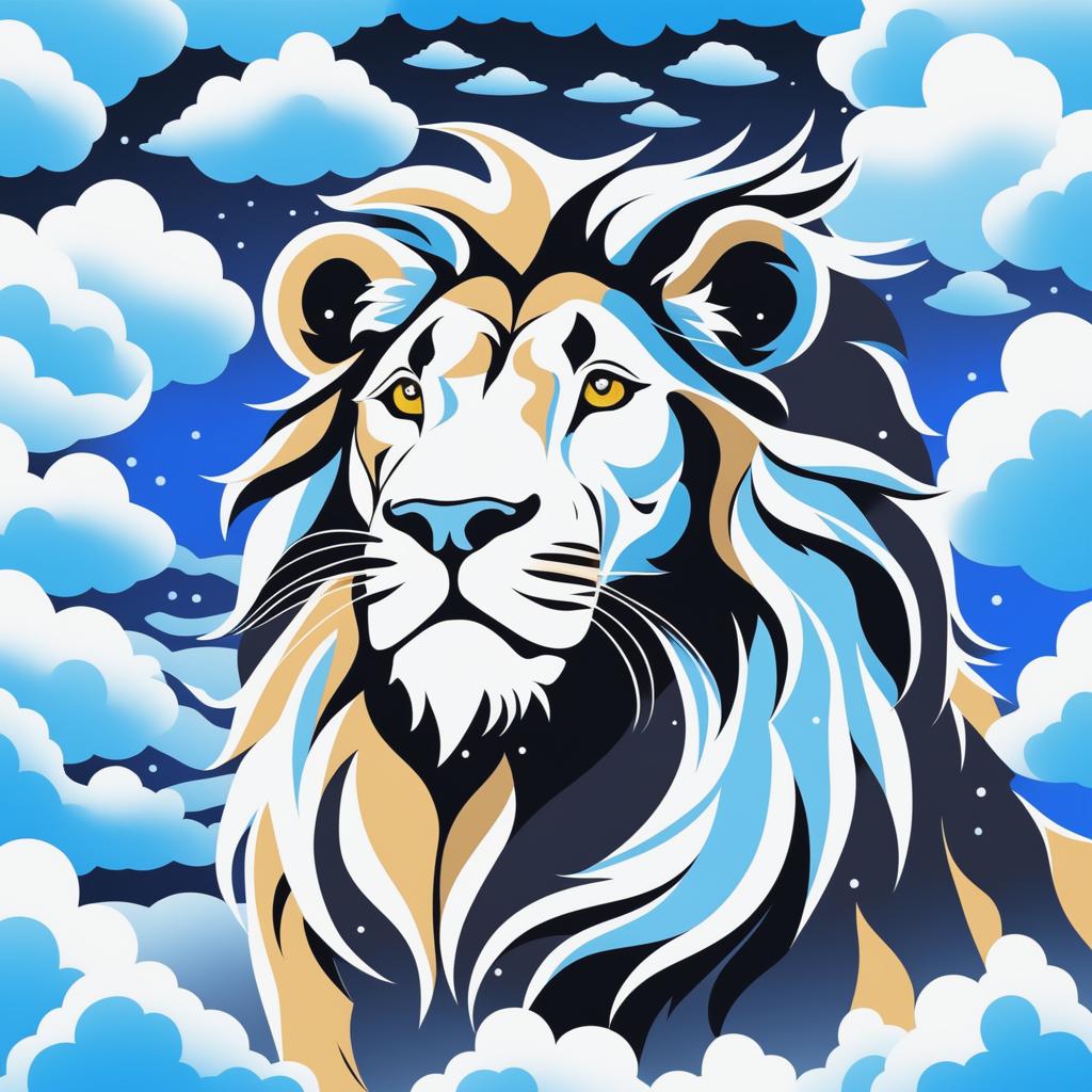 A high-quality digital art image depicting a majestic lion made entirely of fluffy, white clouds against a clear, blue sky