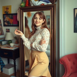 A stylish young woman in a fashionable outfit, standing confidently in front of a mirror in a cozy room