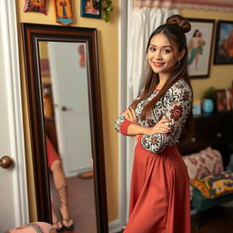 A stylish young woman in a fashionable outfit, standing confidently in front of a mirror in a cozy room
