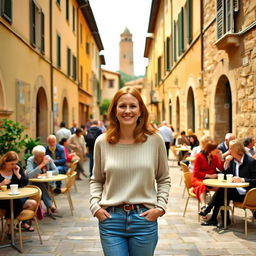 In a quaint square in Assisi, a 40-year-old woman wearing a light sweater and jeans stands smiling amidst the charming historical buildings that surround her