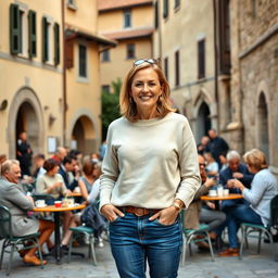 In a quaint square in Assisi, a 40-year-old woman wearing a light sweater and jeans stands smiling amidst the charming historical buildings that surround her
