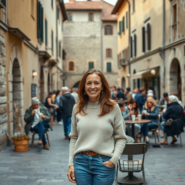 In a quaint square in Assisi, a 40-year-old woman wearing a light sweater and jeans stands smiling amidst the charming historical buildings that surround her