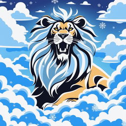 A high-quality digital art image depicting a majestic lion made entirely of fluffy, white clouds against a clear, blue sky