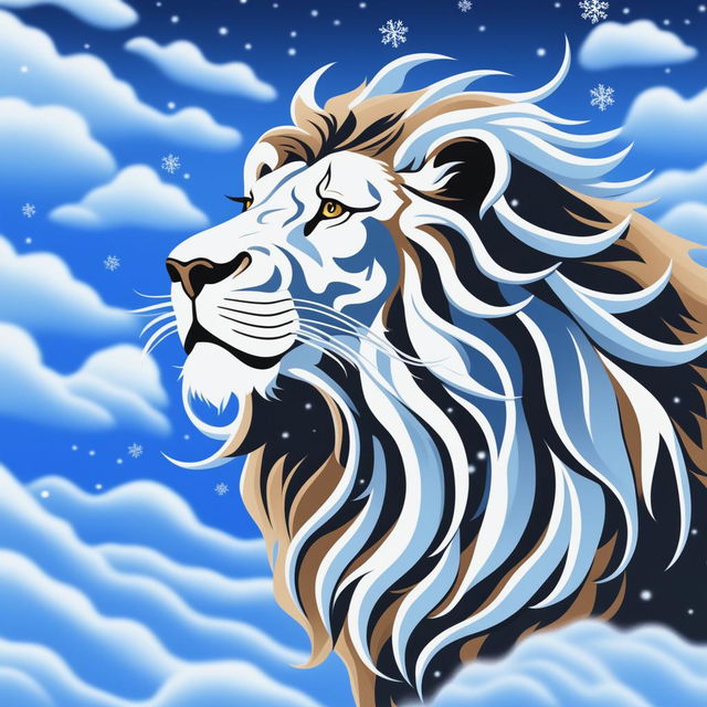 A high-quality digital art image depicting a majestic lion made entirely of fluffy, white clouds against a clear, blue sky