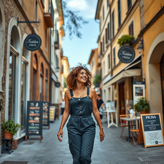 On a lesser-known street in Pisa, a 36-year-old woman with curly hair, dressed in a stylish jumpsuit, strolls joyfully among charming small shops and cafés