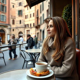 In a cozy café in Siena, a 33-year-old woman with long hair, dressed in a warm sweater, sits at a small table