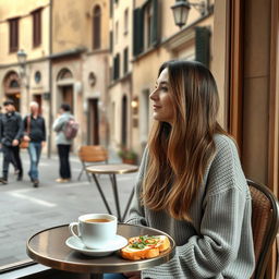 In a cozy café in Siena, a 33-year-old woman with long hair, dressed in a warm sweater, sits at a small table