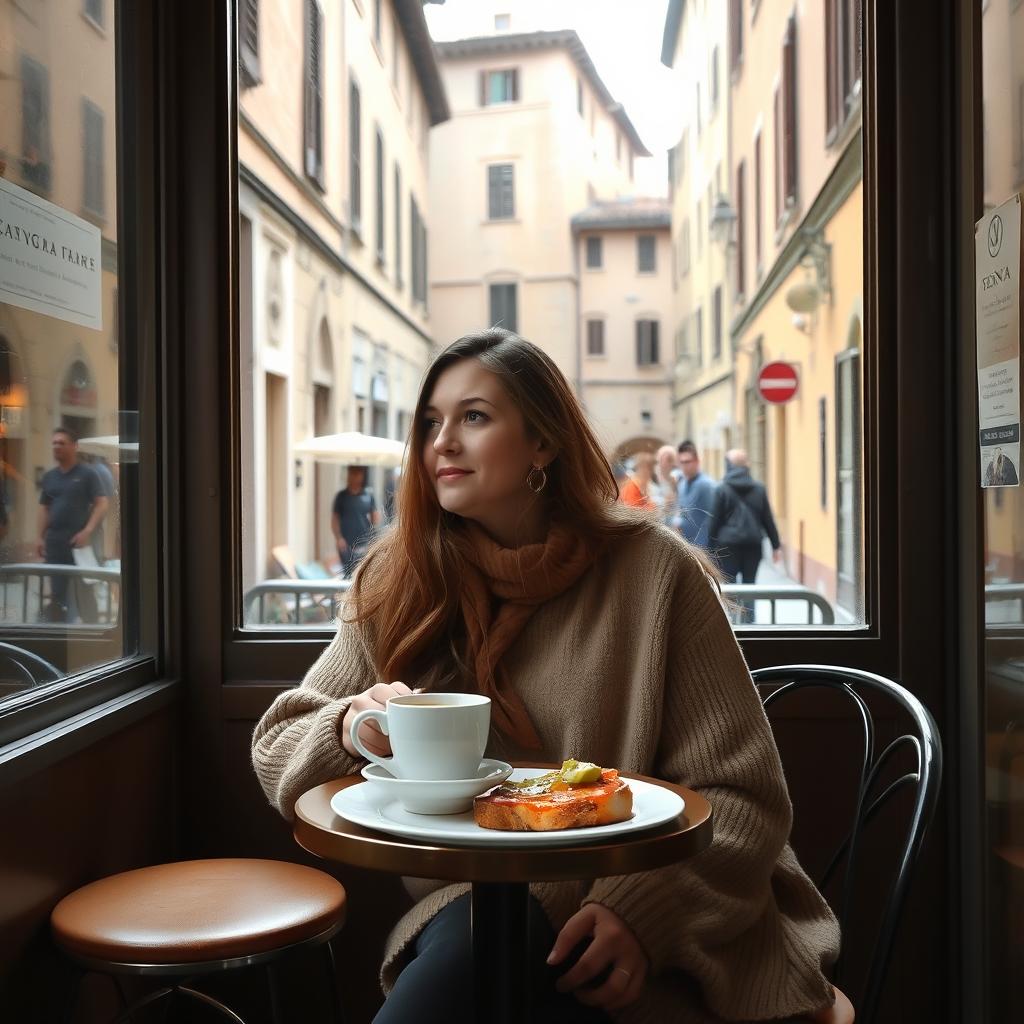 In a cozy café in Siena, a 33-year-old woman with long hair, dressed in a warm sweater, sits at a small table