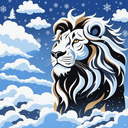 A high-quality digital art image depicting a majestic lion made entirely of fluffy, white clouds against a clear, blue sky