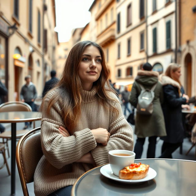 In a cozy café in Siena, a 33-year-old woman with long hair, dressed in a warm sweater, sits at a small table