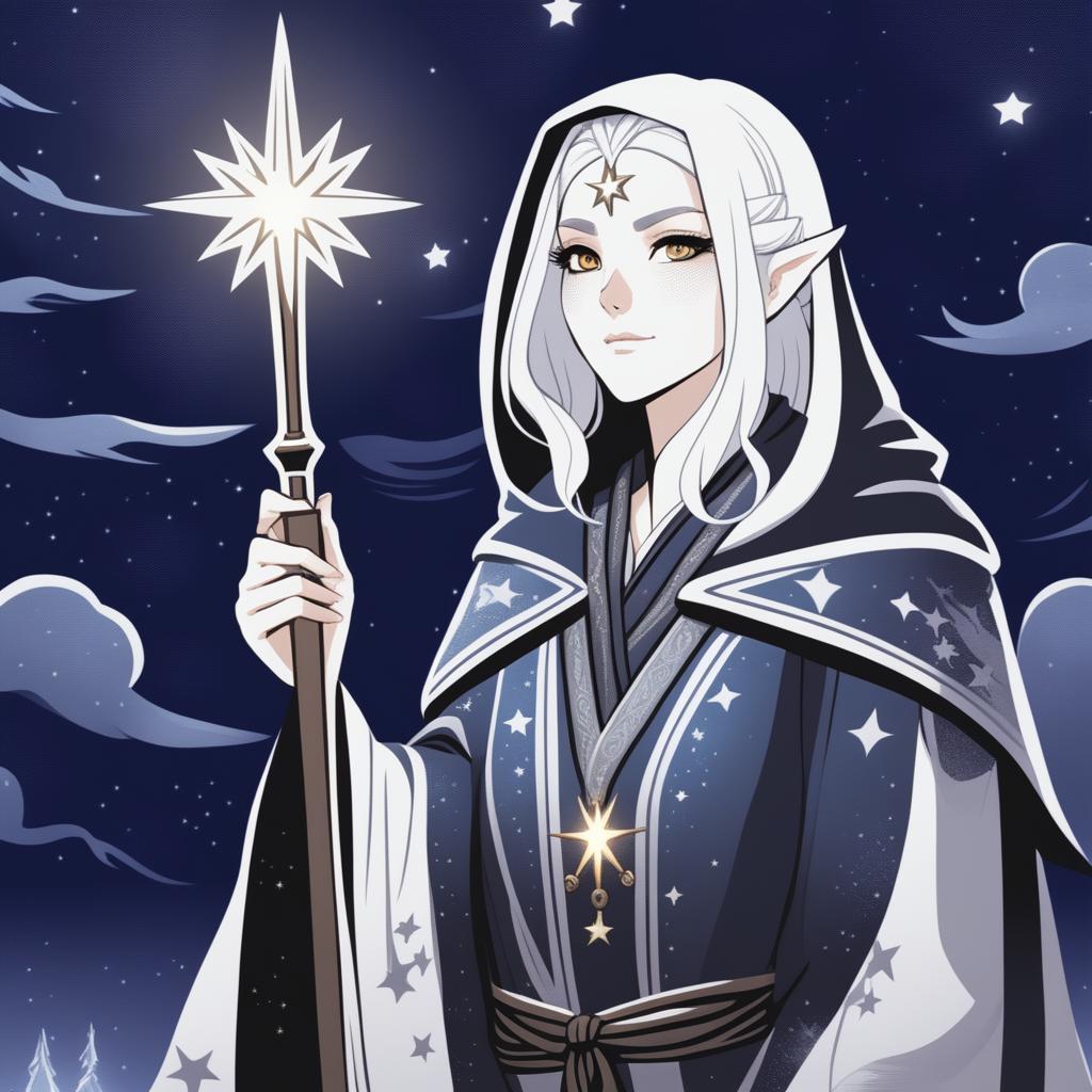 A high-quality digital art image of a female sorcerer with grey skin, white shoulder-length hair, and white eyes