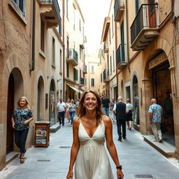 On the ancient streets of Bari, a 38-year-old woman in a light dress strolls happily through the charming alleys characterized by unique architecture