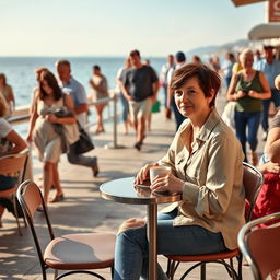 In a café along the waterfront in Taranto, a 34-year-old woman with a short haircut is sitting at a small table, dressed in stylish jeans and a blouse