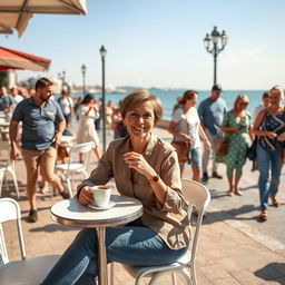 In a café along the waterfront in Taranto, a 34-year-old woman with a short haircut is sitting at a small table, dressed in stylish jeans and a blouse