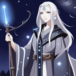 A high-quality digital art image of a female sorcerer with grey skin, white shoulder-length hair, and white eyes