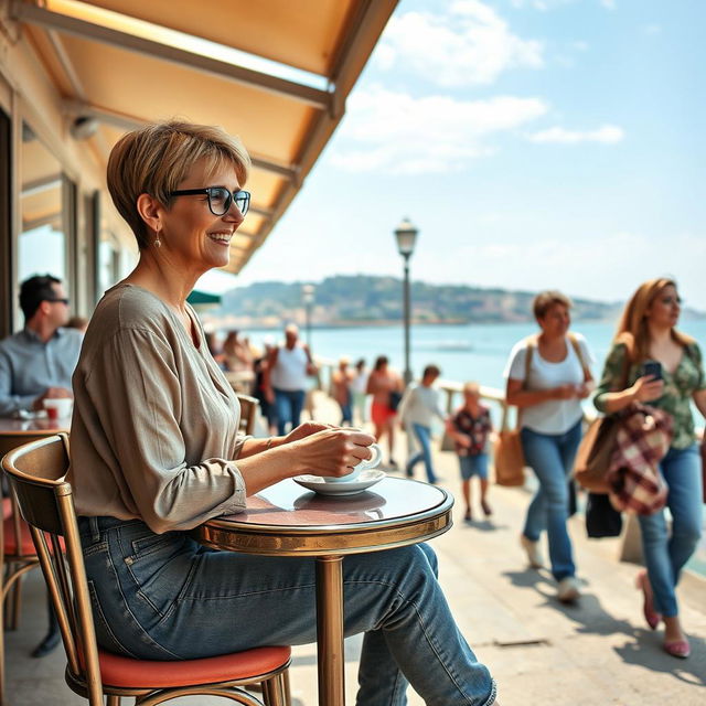 In a café along the waterfront in Taranto, a 34-year-old woman with a short haircut is sitting at a small table, dressed in stylish jeans and a blouse