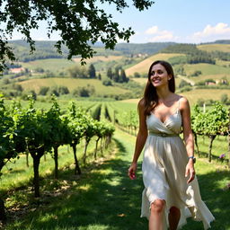 In a picturesque garden in Orvieto, a 37-year-old woman in a light dress walks leisurely, enjoying the beautiful surroundings with a smile on her face