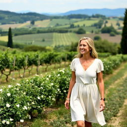 In a picturesque garden in Orvieto, a 37-year-old woman in a light, modest dress strolls happily through the beautiful landscape, smiling as she enjoys the surroundings