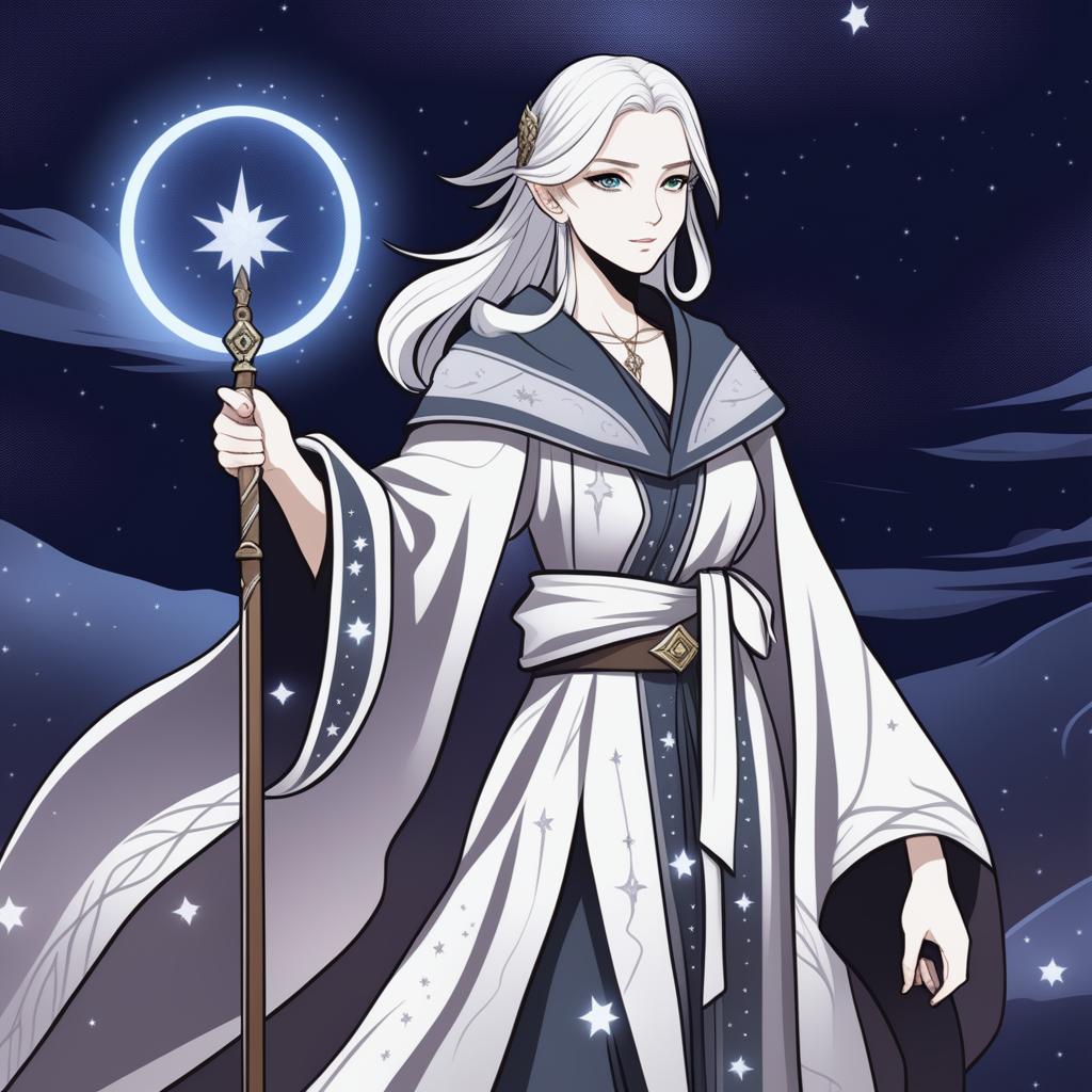 A high-quality digital art image of a female sorcerer with grey skin, white shoulder-length hair, and white eyes