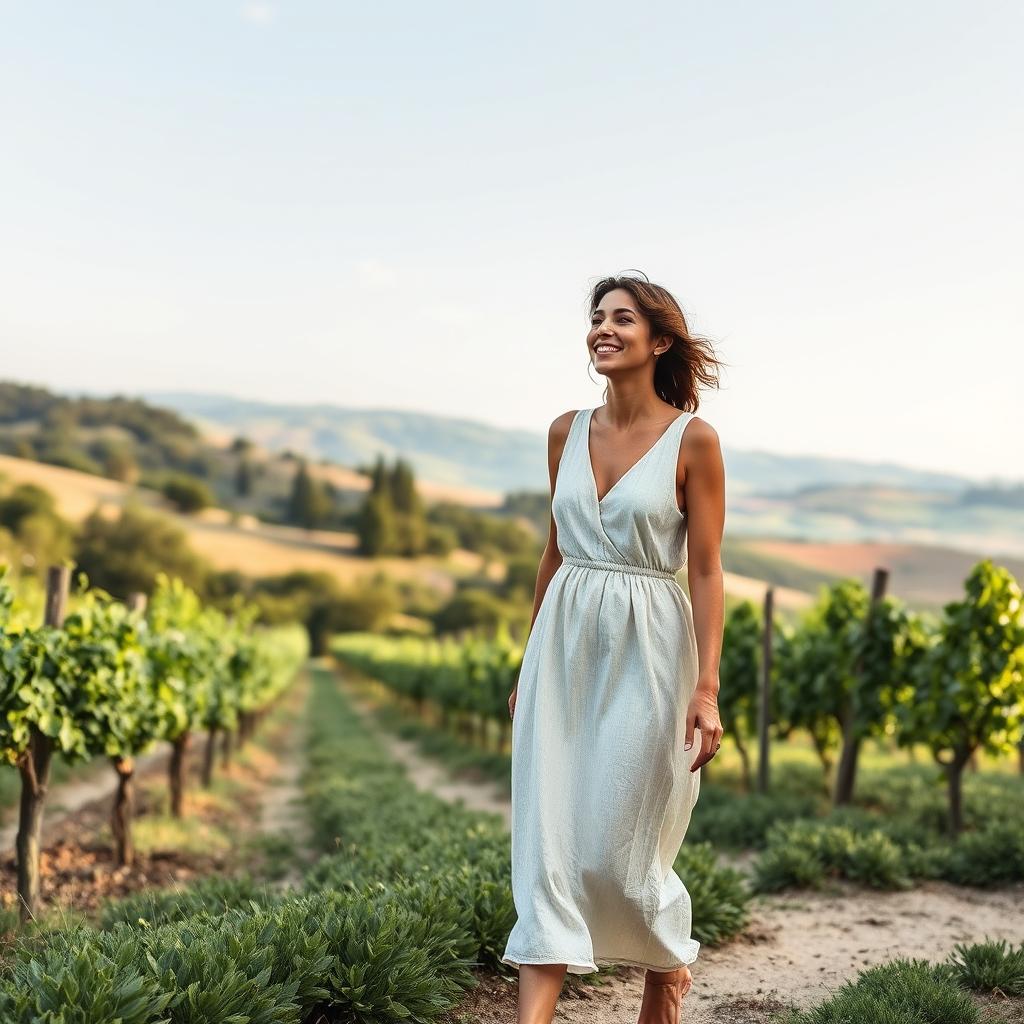 In a picturesque garden in Orvieto, a 37-year-old woman in a light, modest dress strolls happily through the beautiful landscape, smiling as she enjoys the surroundings