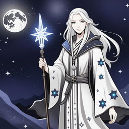 A high-quality digital art image of a female sorcerer with grey skin, white shoulder-length hair, and white eyes