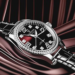 A high-resolution digital art image of a luxurious platinum watch with a diamond-studded face and sleek black leather strap, displayed against a dramatic, velvety maroon curtain