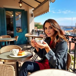 At a charming café in Ragusa, a 31-year-old woman with vibrant makeup and stylish attire sits at a table on the open terrace, savoring a local dessert and a cup of coffee