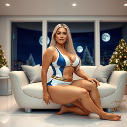 A full-body image of a stunning 55-year-old MILF with Venezuelan features, wearing a sexy volleyball outfit in white, blue, and gold accents