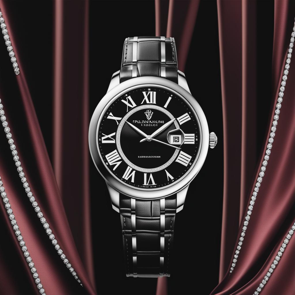 A high-resolution digital art image of a luxurious platinum watch with a diamond-studded face and sleek black leather strap, displayed against a dramatic, velvety maroon curtain