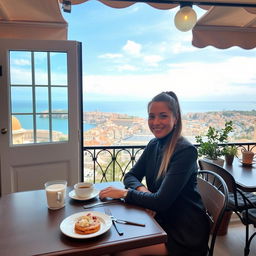At a charming café in Ragusa, a 31-year-old woman with bright makeup and stylish clothing sits at a table on the open terrace, enjoying a local dessert and a cup of coffee