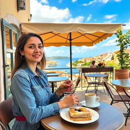 At a charming café in Ragusa, a 31-year-old woman with bright makeup and stylish clothing sits at a table on the open terrace, enjoying a local dessert and a cup of coffee