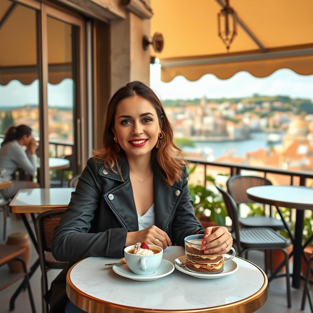 At a charming café in Ragusa, a 31-year-old woman with bright makeup and stylish clothing sits at a table on the open terrace, enjoying a local dessert and a cup of coffee