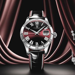 A high-resolution digital art image of a luxurious platinum watch with a diamond-studded face and sleek black leather strap, displayed against a dramatic, velvety maroon curtain