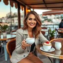 At a delightful café in Ragusa, a 31-year-old woman with bright makeup and fashionable attire sits at a table on the open terrace, enjoying a local dessert and a cup of coffee