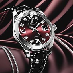 A high-resolution digital art image of a luxurious platinum watch with a diamond-studded face and sleek black leather strap, displayed against a dramatic, velvety maroon curtain