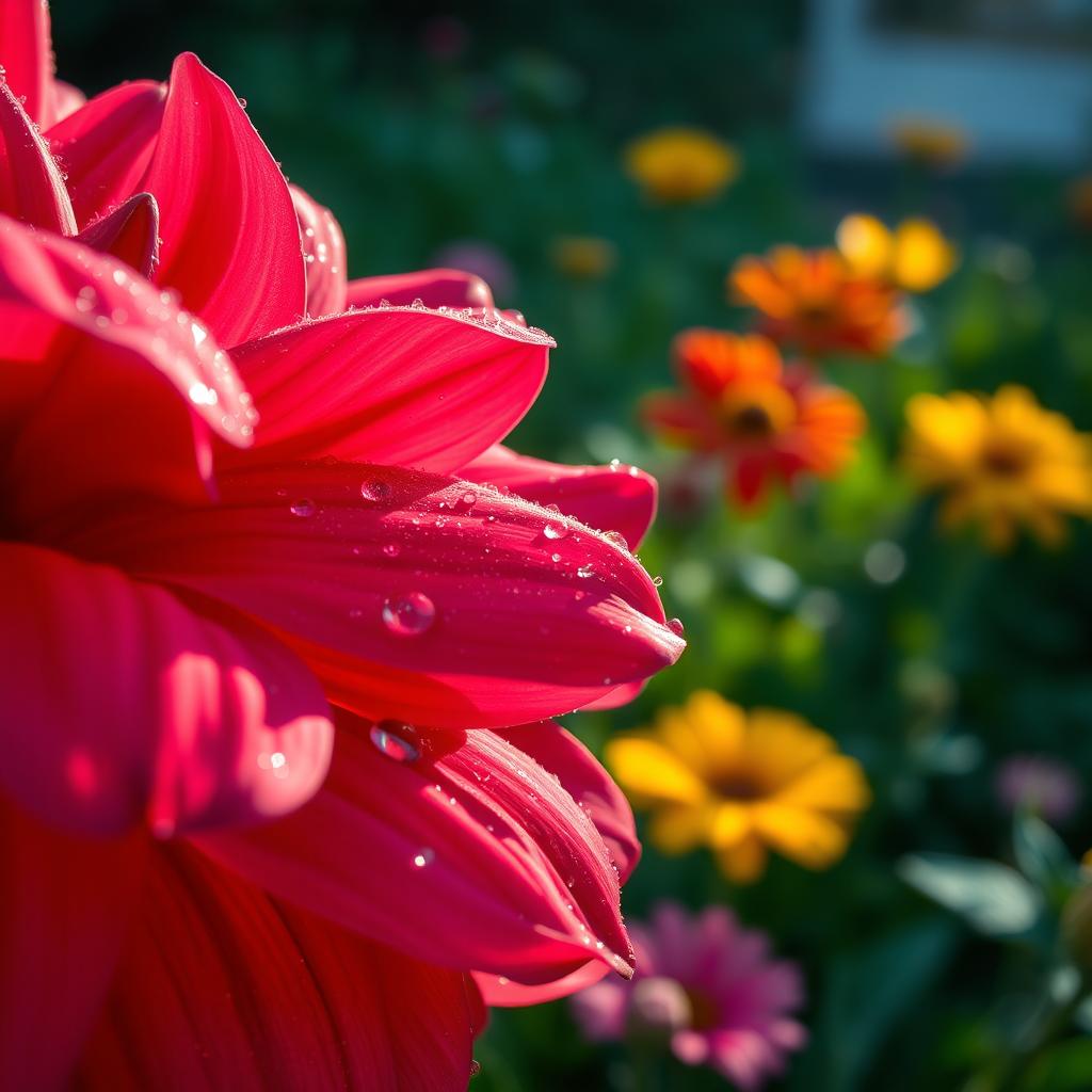 A realistic and highly detailed close-up of a beautiful flower with vibrant petals, dew drops glistening on them in the morning sunlight