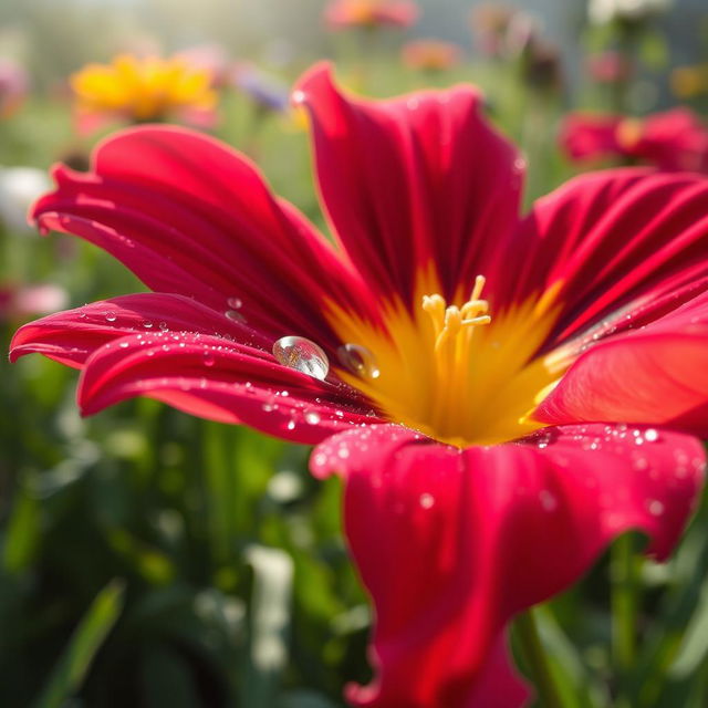 A realistic and highly detailed close-up of a beautiful flower with vibrant petals, dew drops glistening on them in the morning sunlight