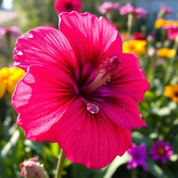 A realistic and highly detailed close-up of a beautiful flower with vibrant petals, dew drops glistening on them in the morning sunlight