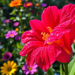 A realistic and highly detailed close-up of a beautiful flower with vibrant petals, dew drops glistening on them in the morning sunlight