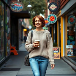 A scenic street in Portland, Oregon featuring a 34-year-old woman with short chestnut hair, dressed in a cozy sweater and jeans