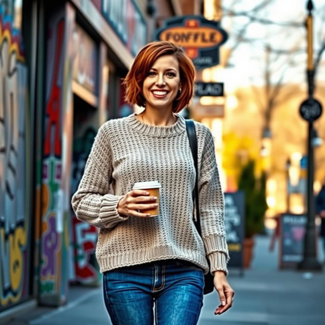 A scenic street in Portland, Oregon featuring a 34-year-old woman with short chestnut hair, dressed in a cozy sweater and jeans