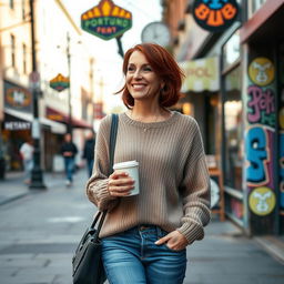A scenic street in Portland, Oregon featuring a 34-year-old woman with short chestnut hair, dressed in a cozy sweater and jeans